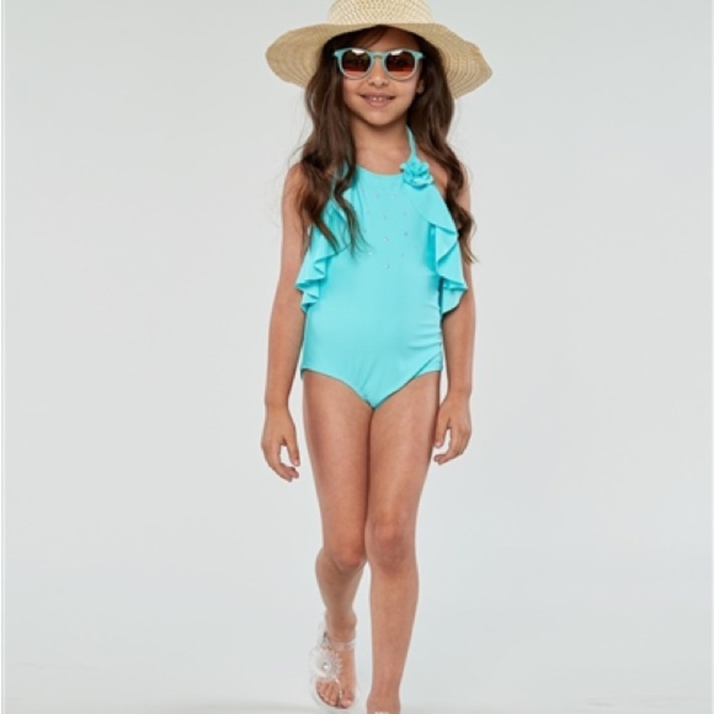 NWT Kate Mack Girls Aqua Sequin and Ruffle Swimsuit, 4T